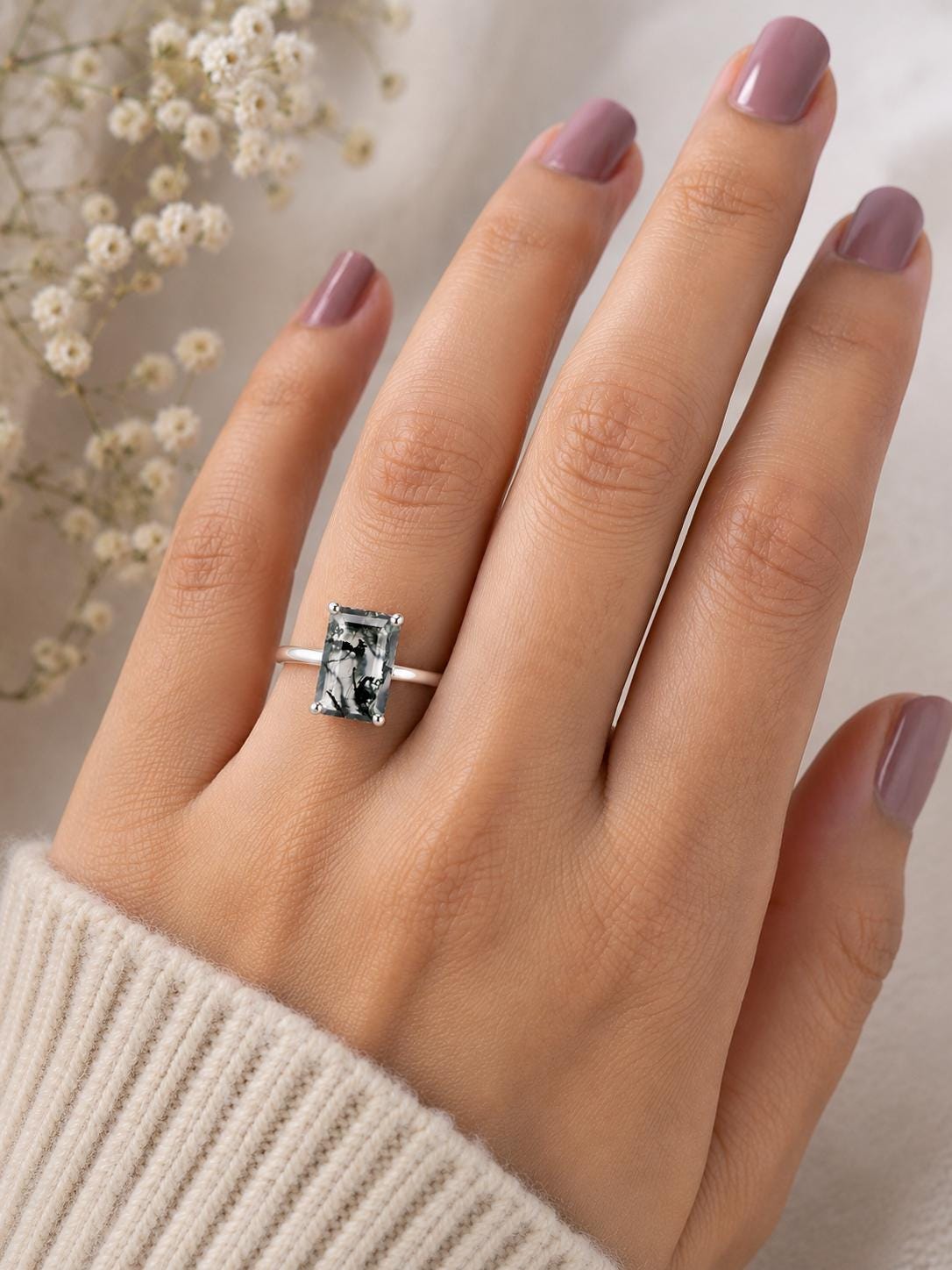 925 Sterling Silver Emerald Cut Moss Agate Ring, Minimalist Solitaire Nature Gemstone