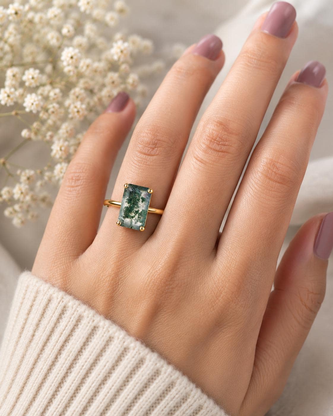 Natural Emerald Cut Moss Agate Ring, Sterling Silver Minimalist Solitaire