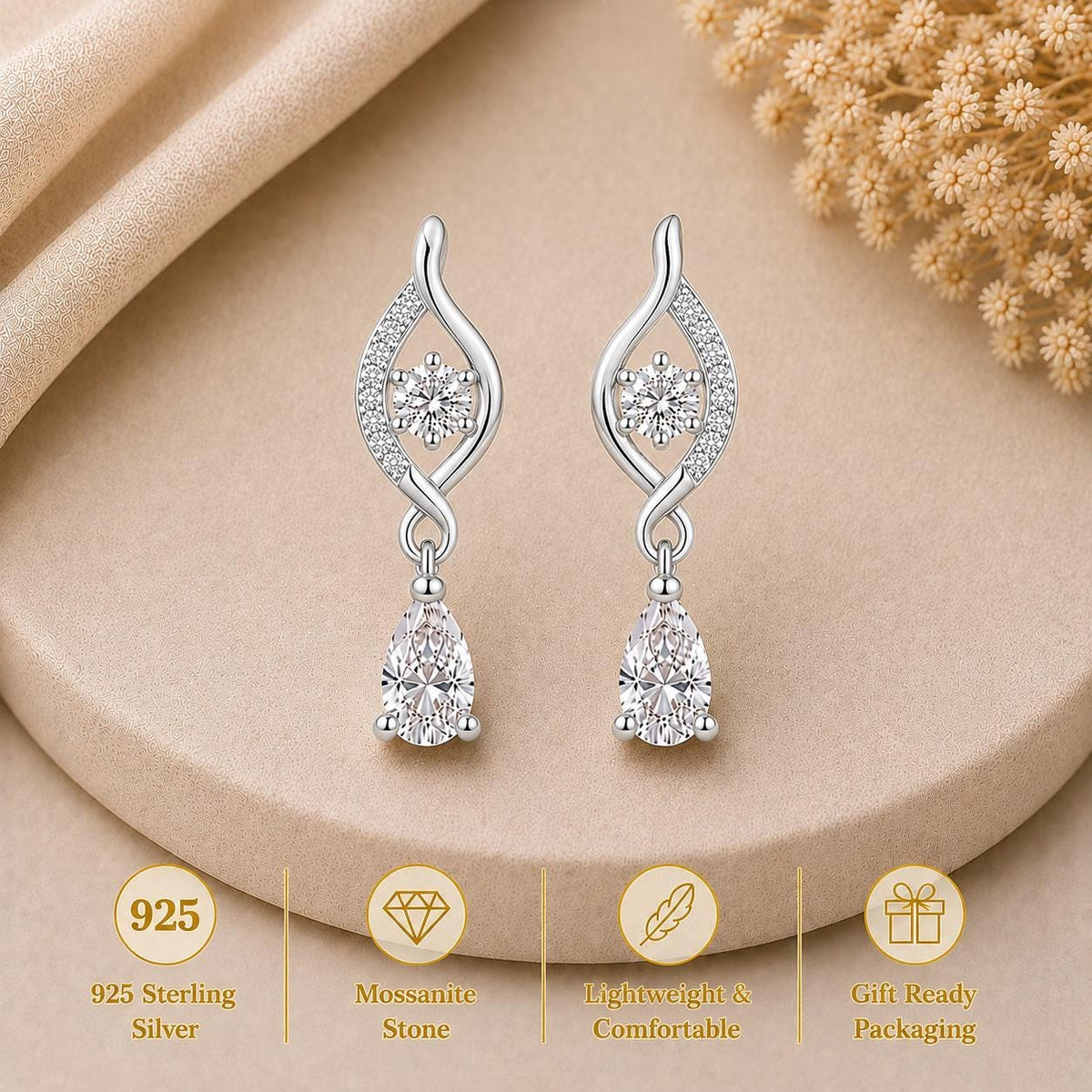 Sterling Silver Pear Cut Moissanite Dangle Earrings | Bridal Wedding Jewelry