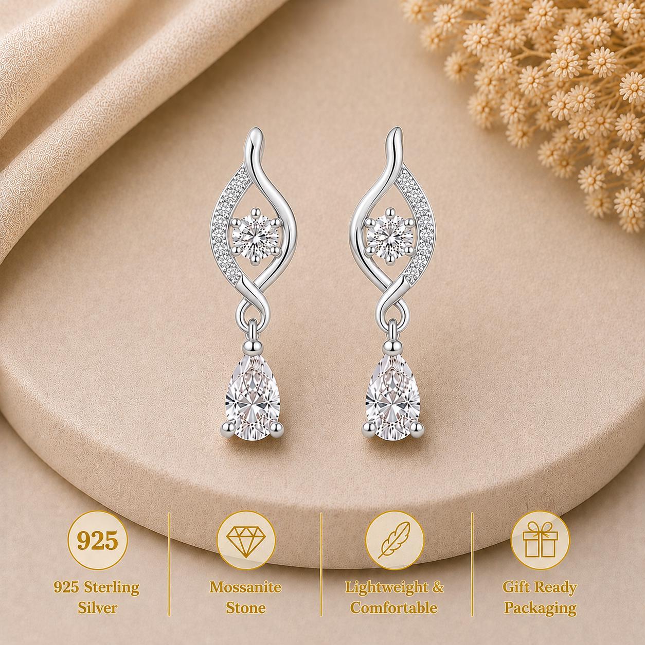 Sterling Silver Pear Cut Moissanite Dangle Earrings, Bridal Wedding Jewelry