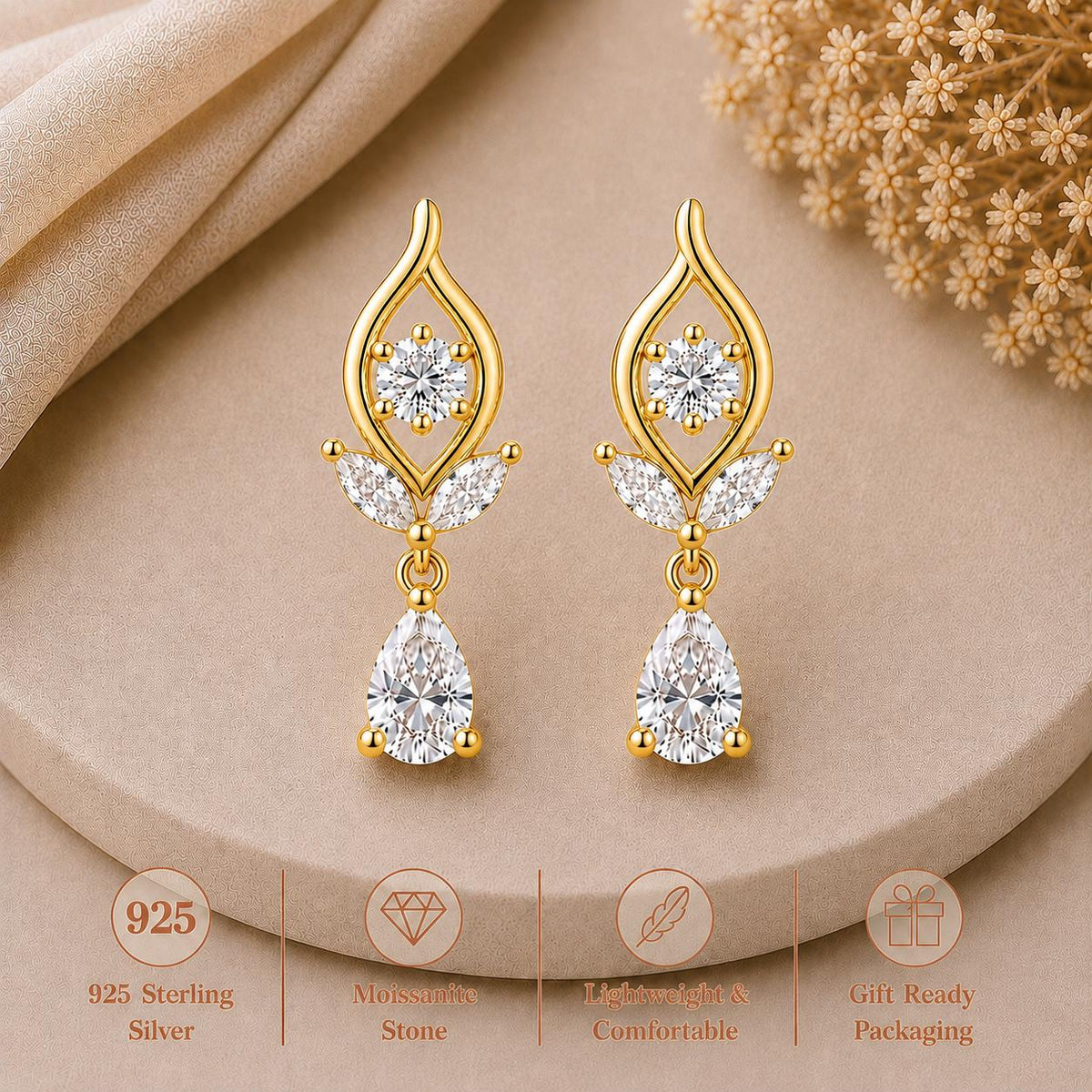 Moissanite Floral Drop Earrings, 925 Sterling Silver, Pear Cut Bridal Wedding Jewelry