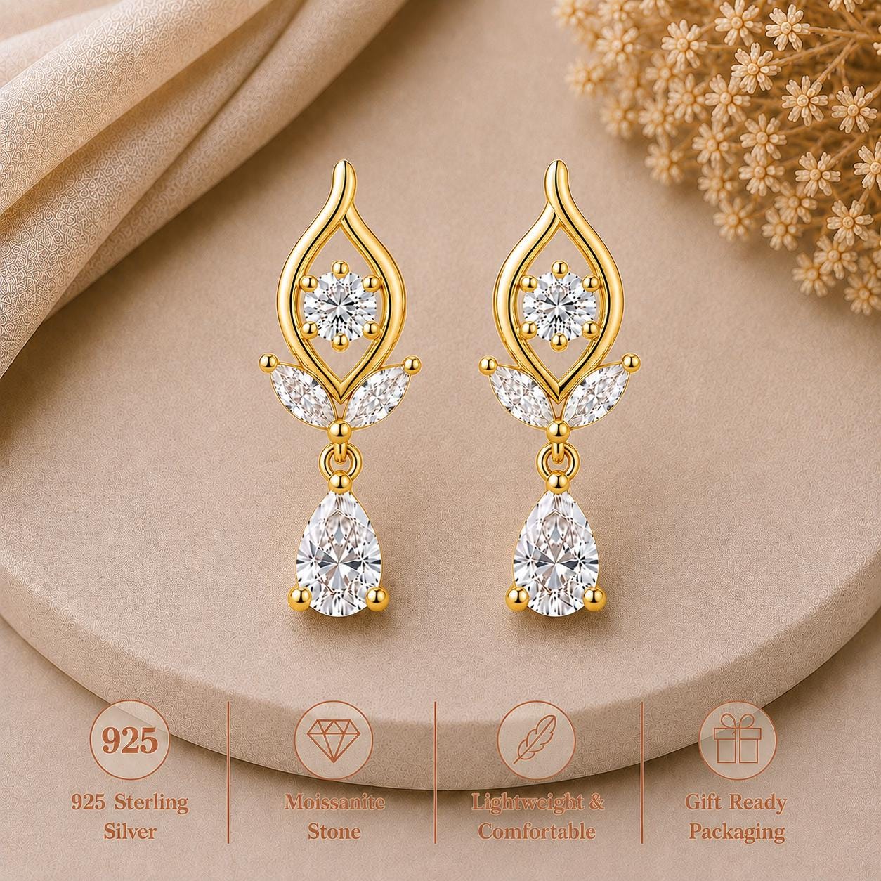 Moissanite Floral Drop Earrings, 925 Sterling Silver, Pear Cut Bridal Wedding Jewelry