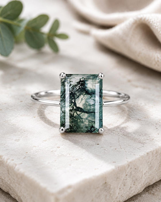 Natural Moss Agate Emerald Cut Ring, 925 Sterling Silver Solitaire Promise Ring