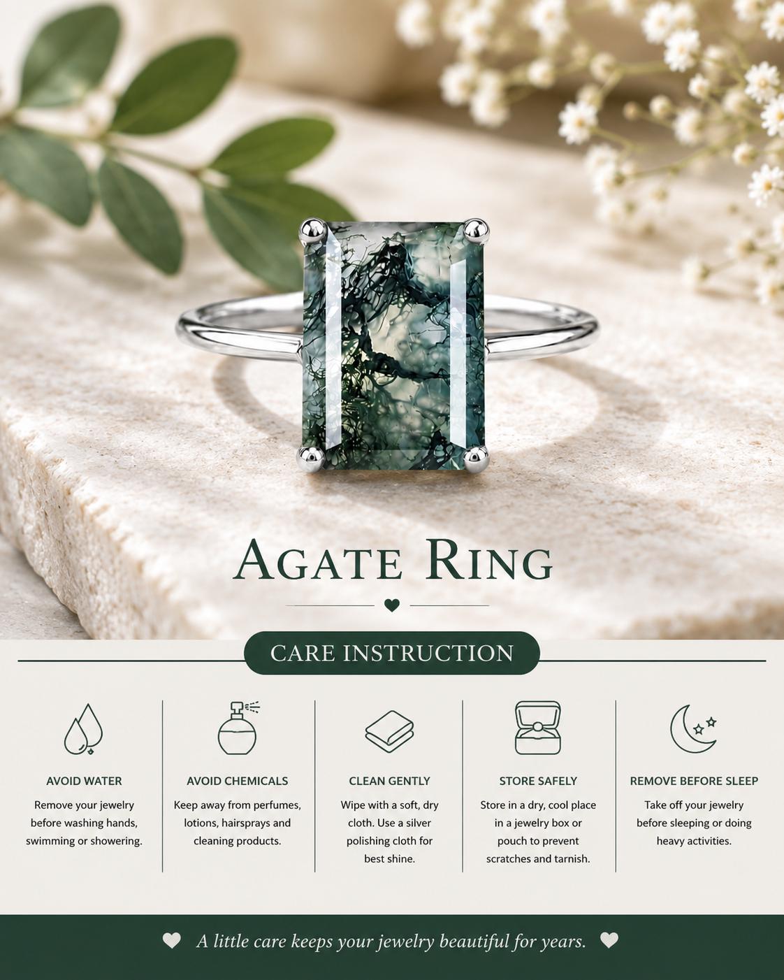 Natural Moss Agate Emerald Cut Ring, 925 Sterling Silver Solitaire Promise Ring