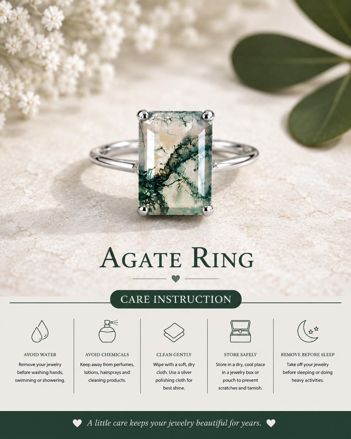 Natural Emerald Cut Moss Agate Ring, 925 Sterling Silver Solitaire Promise Ring