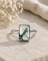Natural Emerald Cut Moss Agate Ring, 925 Sterling Silver Solitaire Promise Ring