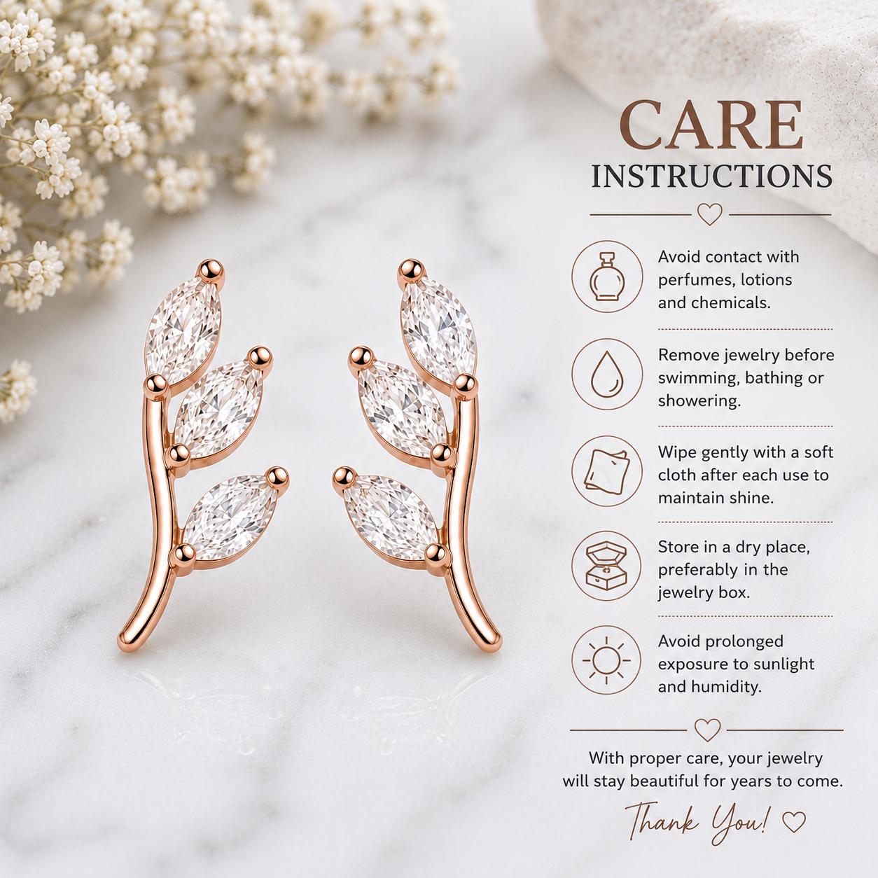 Sterling Silver Leaf Climber Earrings, Marquise CZ Botanical Vine Crawler