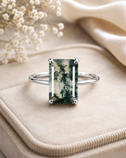 Natural Moss Agate Emerald Cut Ring, 925 Sterling Silver Solitaire Engagement Ring