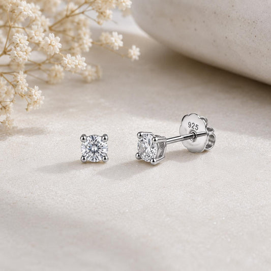 Moissanite Solitaire Stud Earrings, 925 Sterling Silver, Round Cut, Minimalist Everyday Jewelry