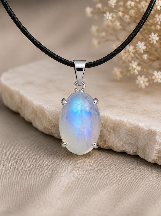 Natural Oval Moonstone Pendant, 925 Sterling Silver Cable Chain Necklace