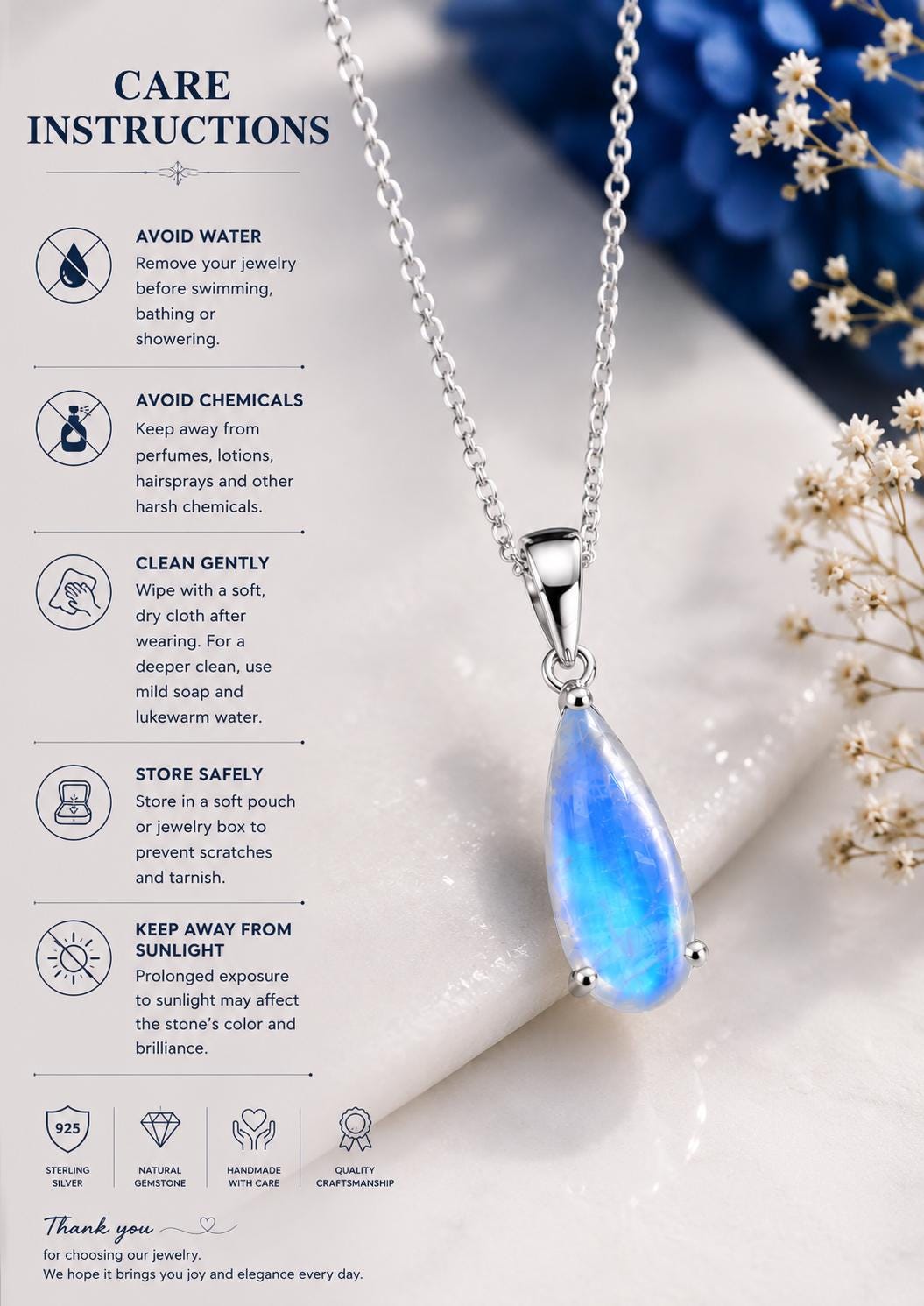 Natural Moonstone Pear Pendant Necklace, 925 Sterling Silver, Handmade Minimalist Jewelry