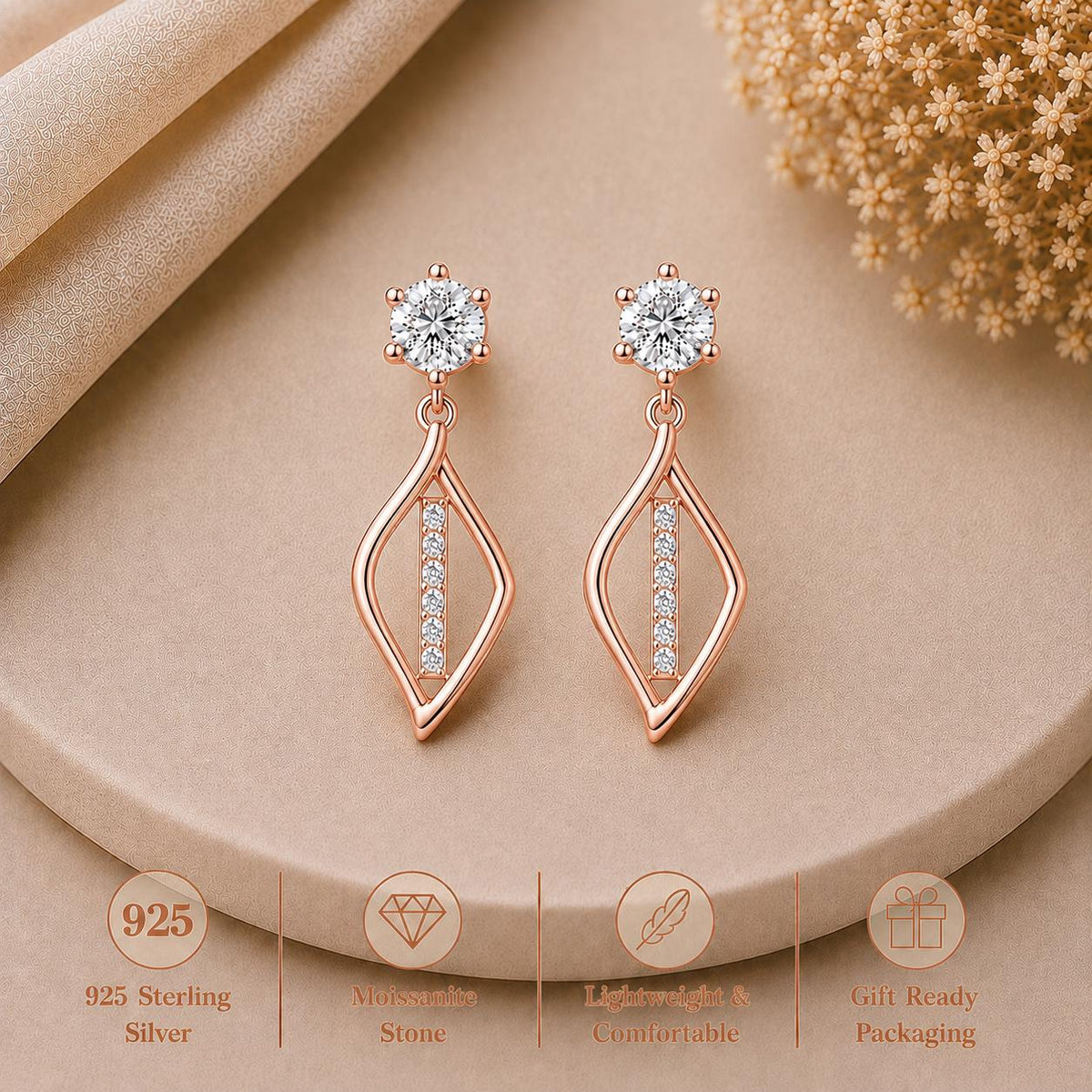Sterling Silver Moissanite Drop Earrings: Geometric Dangle Bridal Jewelry