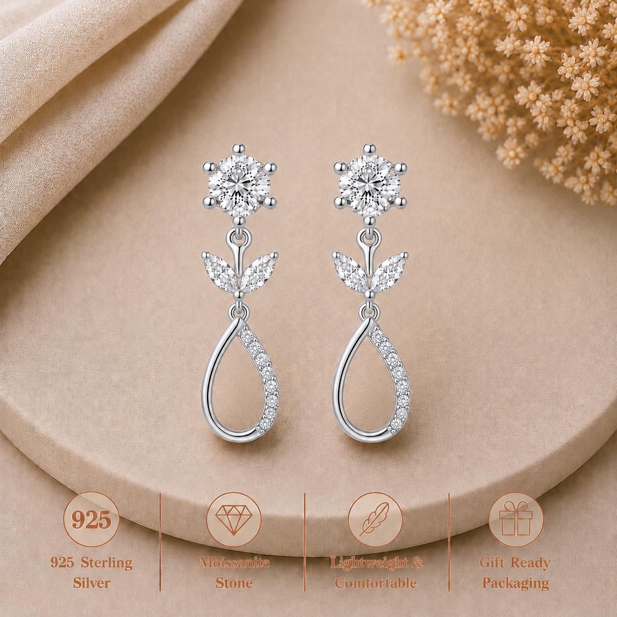 Sterling Silver Moissanite Floral Drop Earrings | Bridal Wedding Jewelry