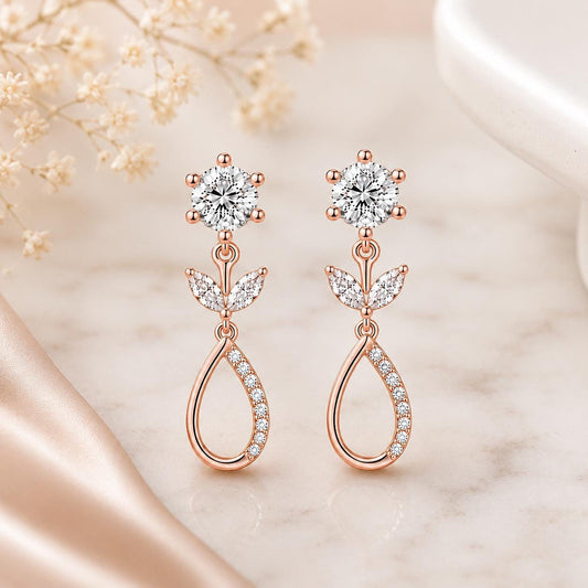 Sterling Silver Moissanite Floral Drop Earrings, Bridal Wedding Jewelry