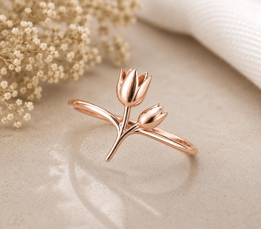 925 Sterling Silver Tulip Ring, Minimalist Floral Stacking Band, Botanical Nature Inspired Jewelry