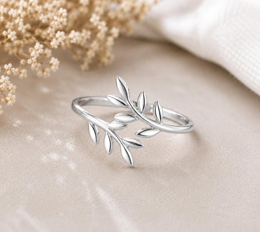 Sterling Silver Leaf Ring, Minimalist Olive Branch Wrap, Botanical Nature Jewelry