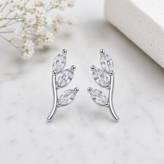 Sterling Silver Leaf Climber Earrings, Marquise CZ Botanical Vine Crawler