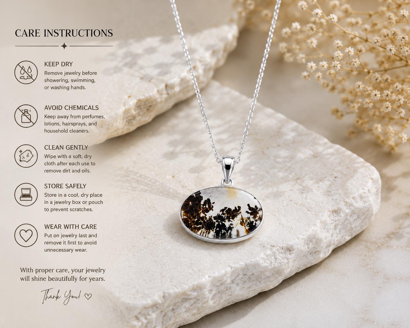 925 Sterling Silver Shazar Dendrite Agate Oval Pendant, Nature Landscape Necklace