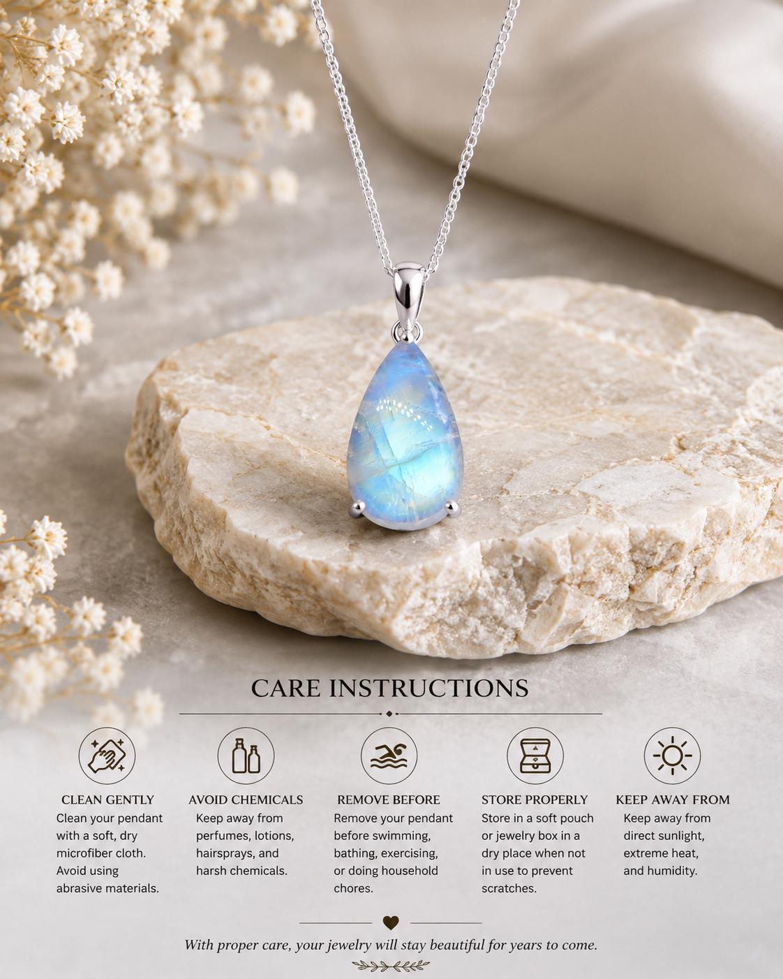 925 Sterling Silver Pear Moonstone Pendant, Natural Rainbow Gemstone Necklace