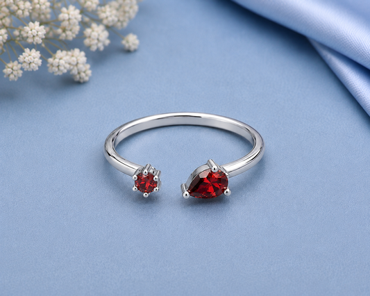 Red Moissanite Ring, 925 Sterling Silver Open Bypass Ring, Minimalist Red Stone Ring