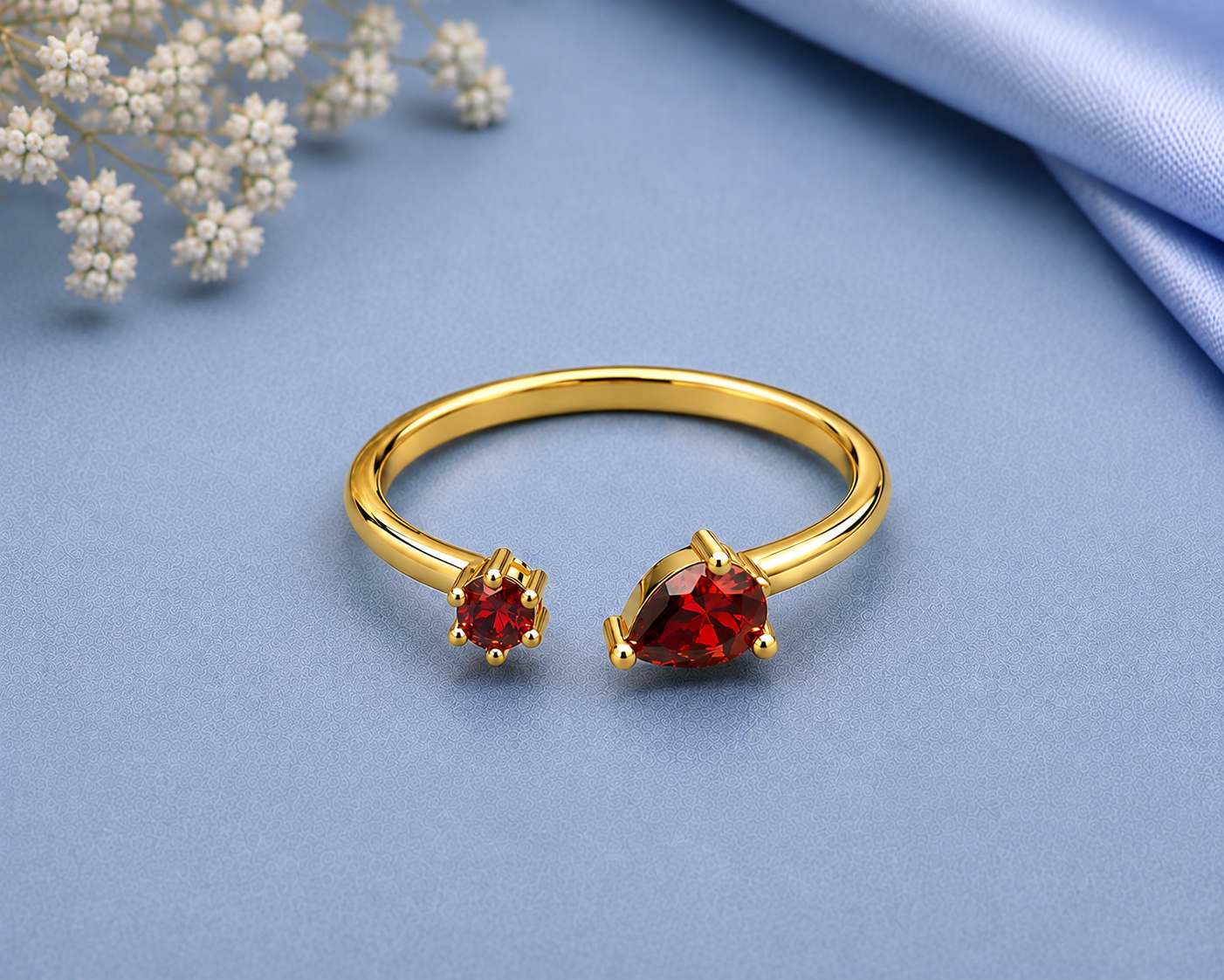 Red Moissanite Ring, 925 Sterling Silver Open Bypass Ring, Minimalist Red Stone Ring