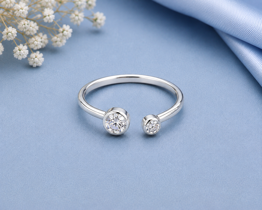 Moissanite Open Ring, 925 Sterling Silver Bypass Ring, Minimalist Two Stone Ring