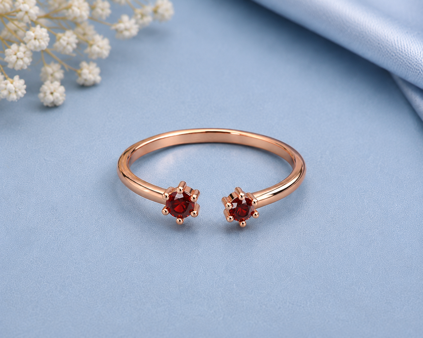 Red Garnet Ring, 925 Sterling Silver Open Bypass Ring, Minimalist Two Stone Ring