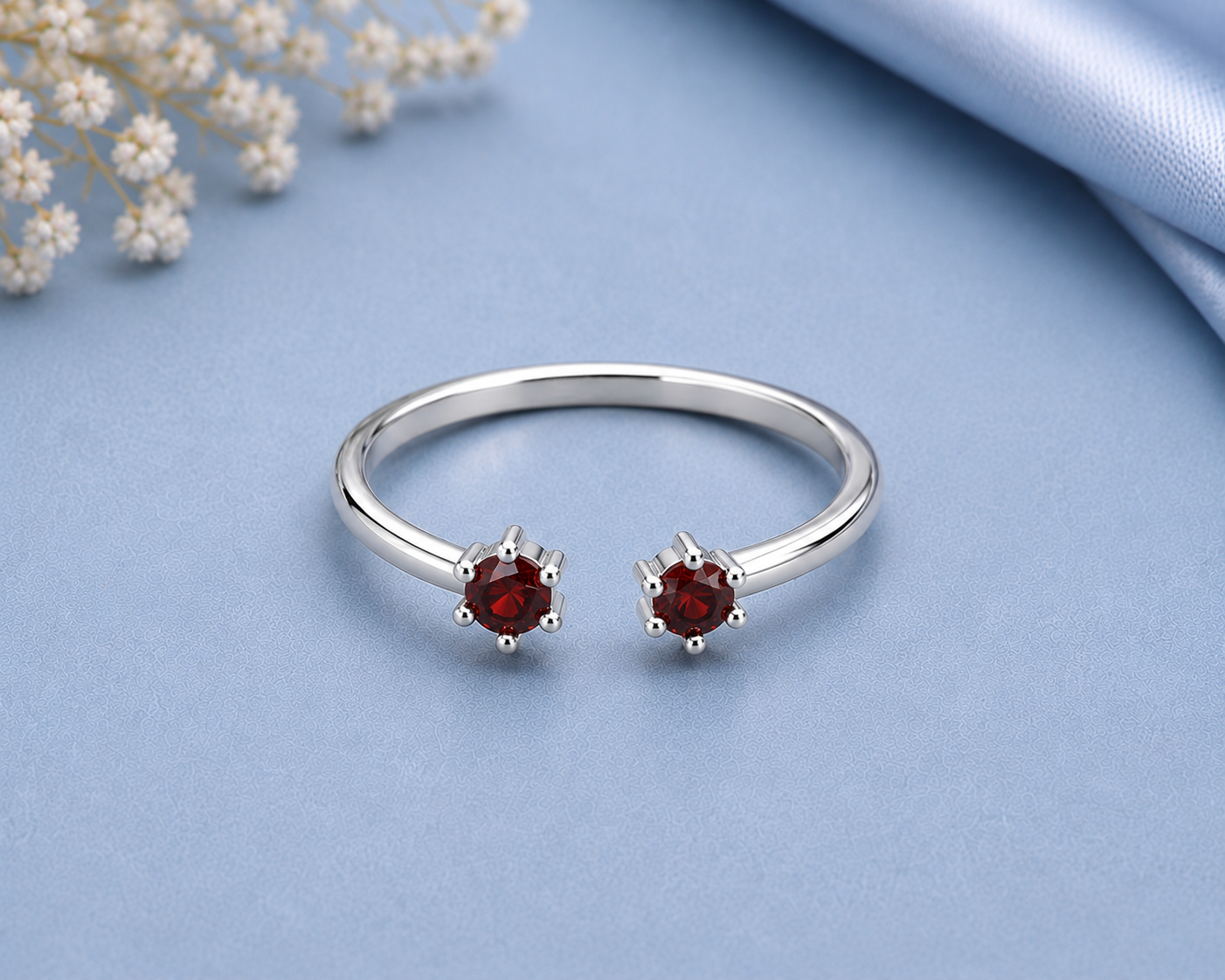 Red Garnet Ring, 925 Sterling Silver Open Bypass Ring, Minimalist Two Stone Ring