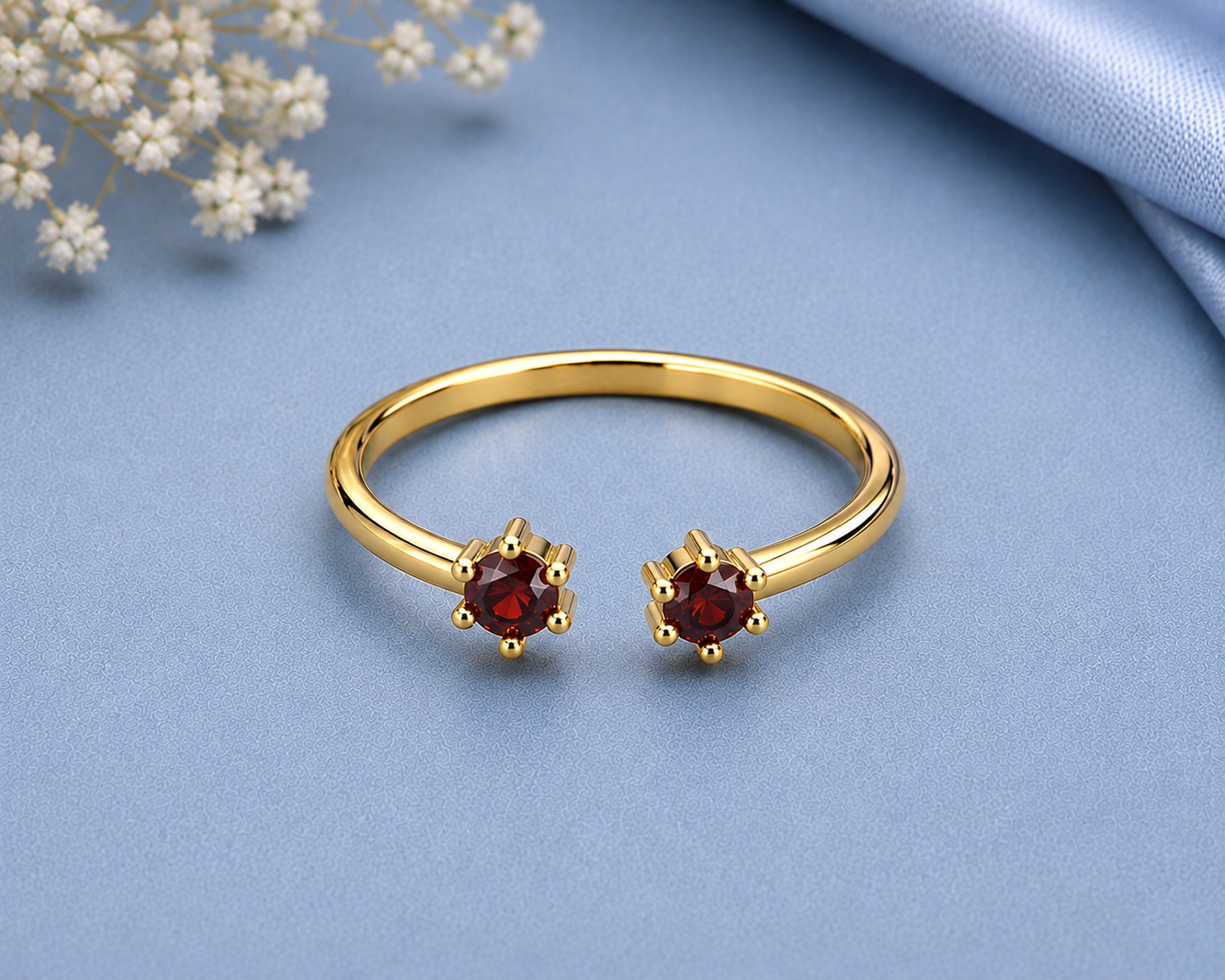 Red Garnet Ring, 925 Sterling Silver Open Bypass Ring, Minimalist Two Stone Ring