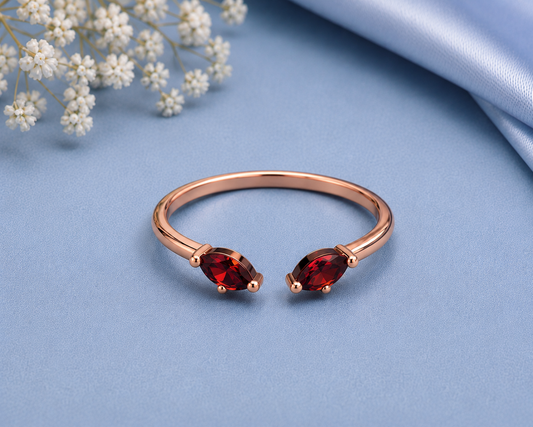 Red Garnet Ring, 925 Sterling Silver Open Bypass Ring, Two Stone Ring