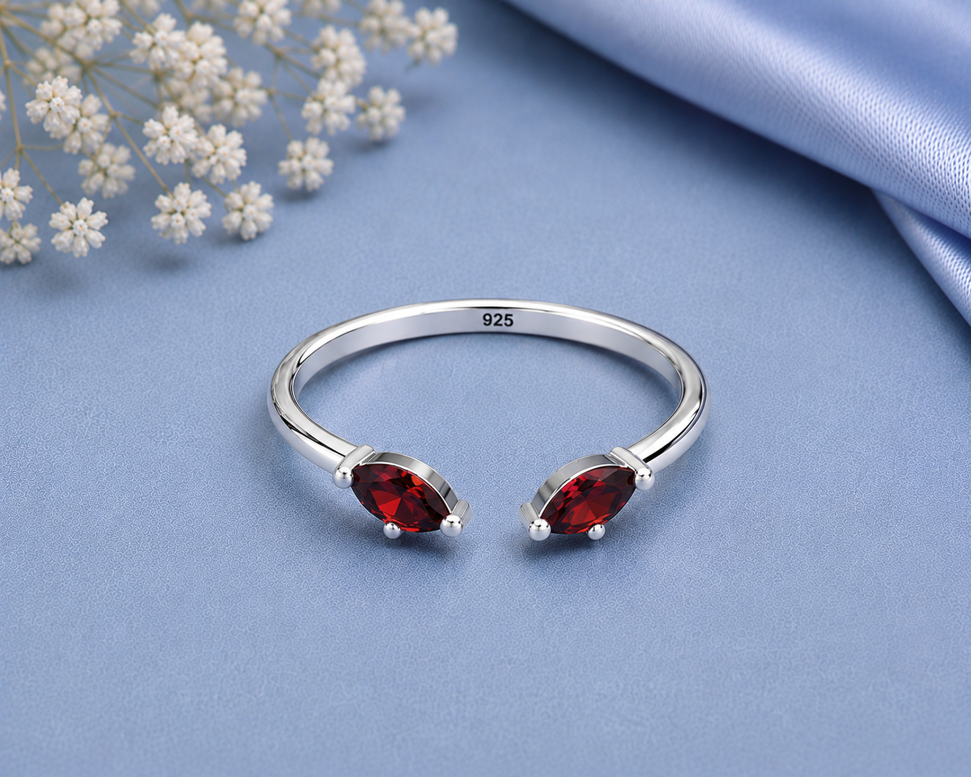 Red Garnet Ring, 925 Sterling Silver Open Bypass Ring, Two Stone Ring