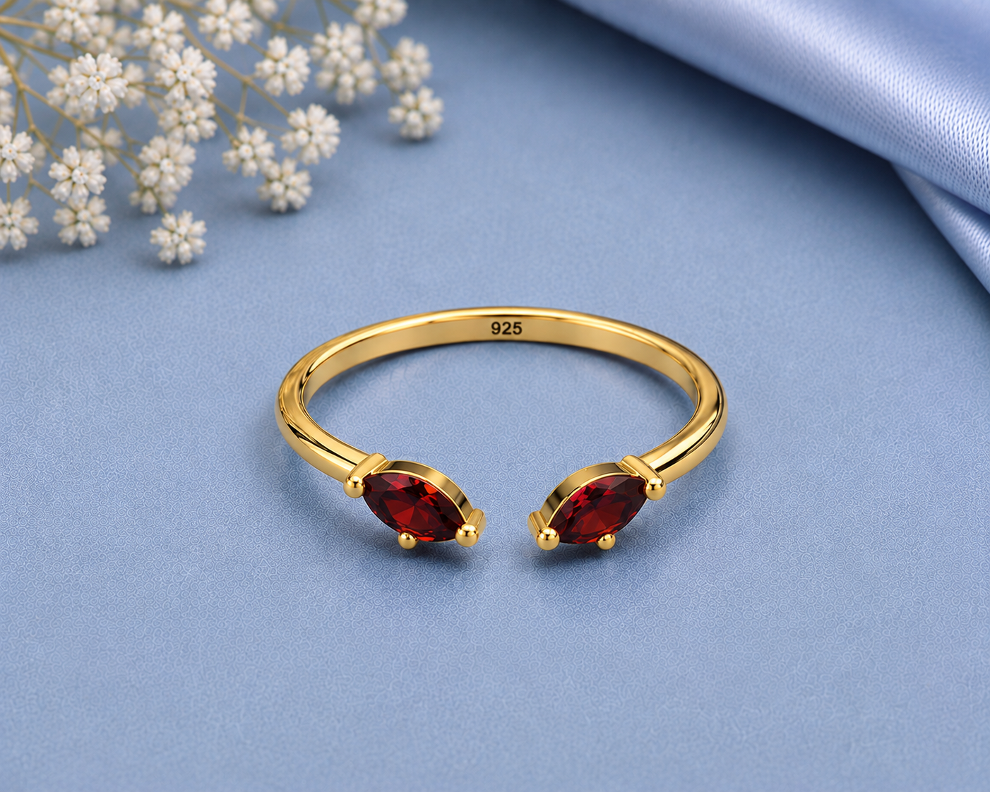 Red Garnet Ring, 925 Sterling Silver Open Bypass Ring, Two Stone Ring