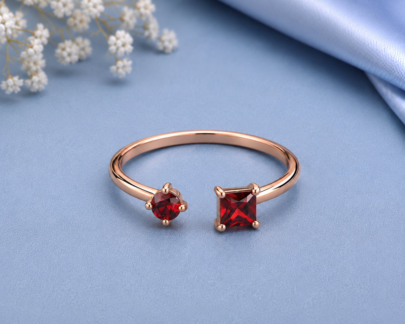 Red Garnet Ring, 925 Sterling Silver Open Bypass Ring, Two Stone Ring