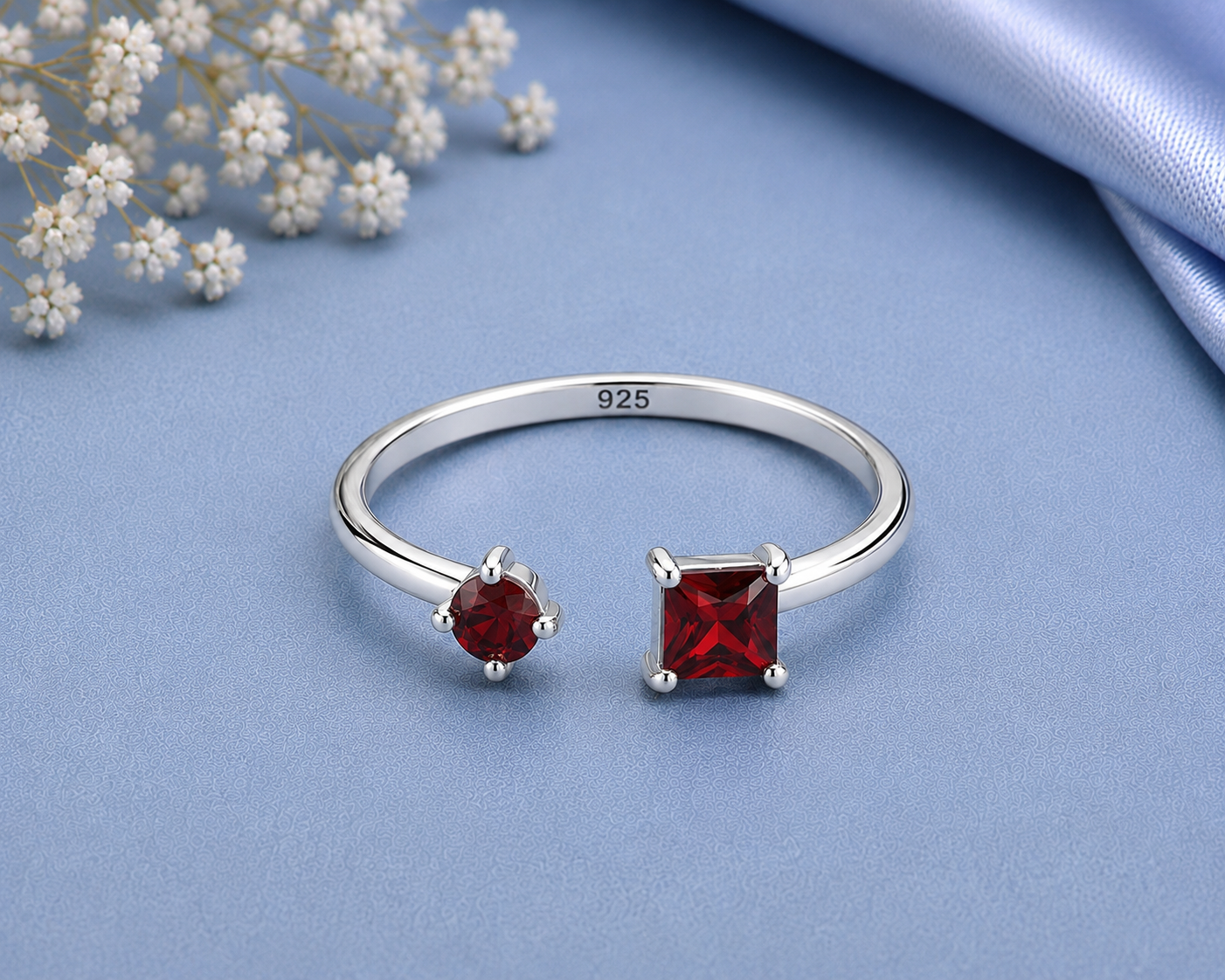 Red Garnet Ring, 925 Sterling Silver Open Bypass Ring, Two Stone Ring