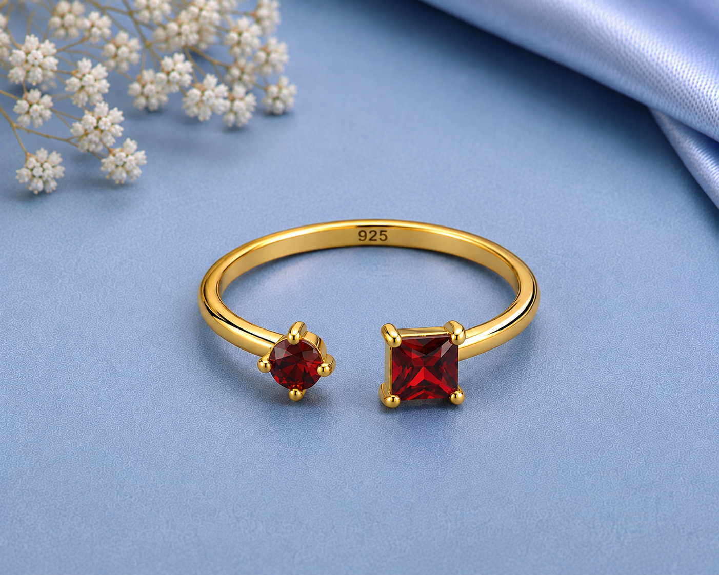 Red Garnet Ring, 925 Sterling Silver Open Bypass Ring, Two Stone Ring