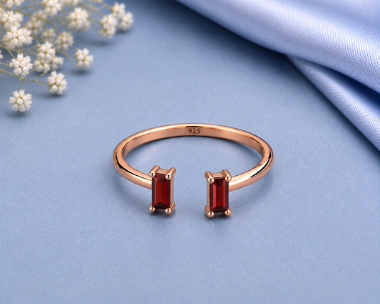 Red Garnet Ring, 925 Sterling Silver Open Bypass Ring, Baguette Gemstone Ring