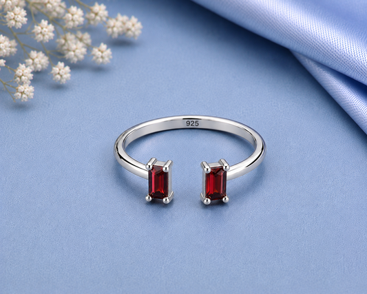 Red Garnet Ring, 925 Sterling Silver Open Bypass Ring, Baguette Gemstone Ring