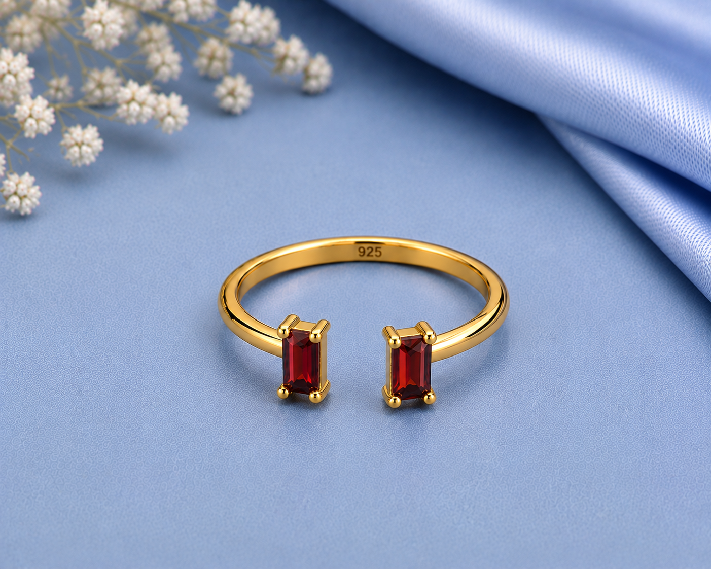 Red Garnet Ring, 925 Sterling Silver Open Bypass Ring, Baguette Gemstone Ring