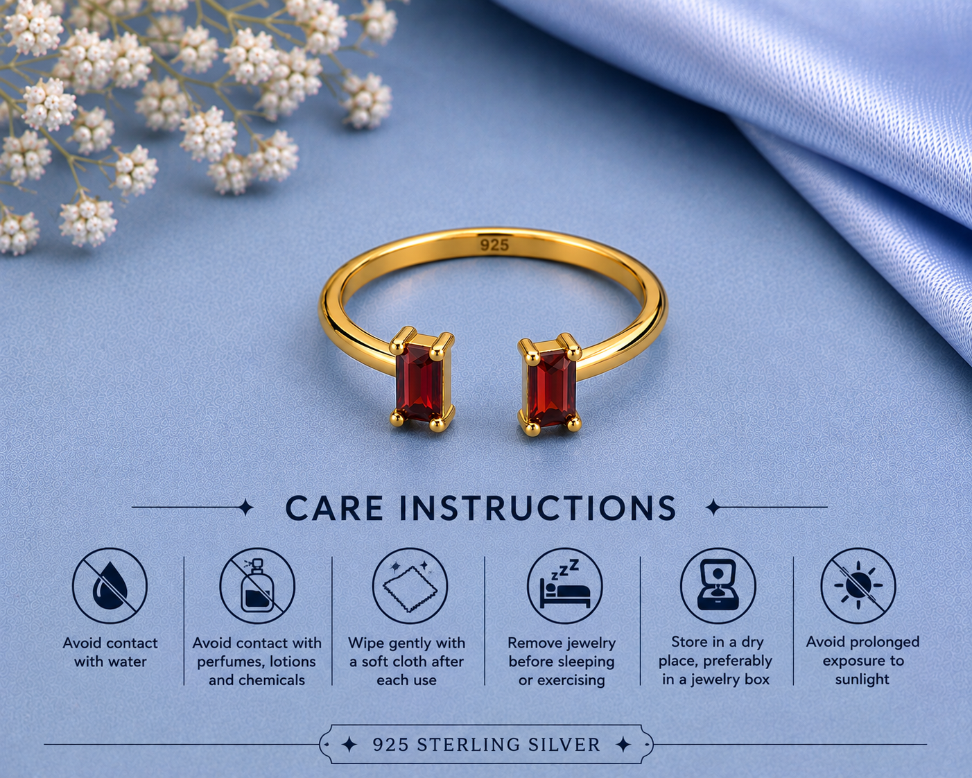 Red Garnet Ring, 925 Sterling Silver Open Bypass Ring, Baguette Gemstone Ring