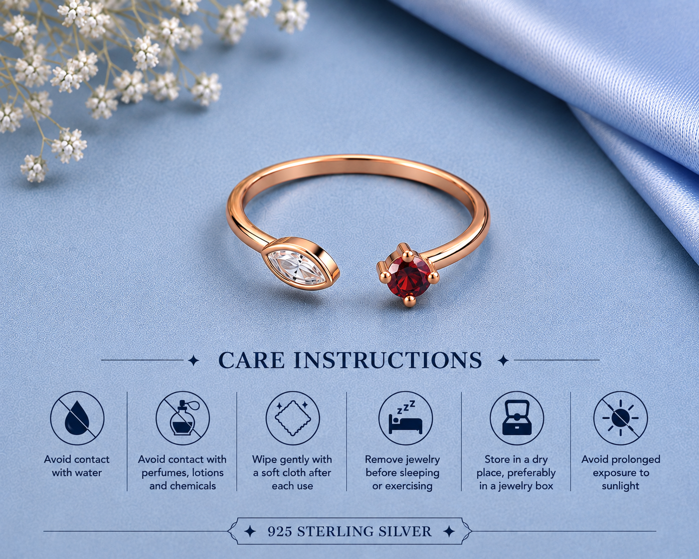 CZ Garnet Ring, 925 Sterling Silver Open Bypass Ring, Two Stone Ring