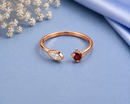 CZ Garnet Ring, 925 Sterling Silver Open Bypass Ring, Two Stone Ring