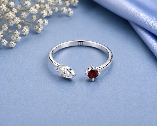 CZ Garnet Ring, 925 Sterling Silver Open Bypass Ring, Two Stone Ring