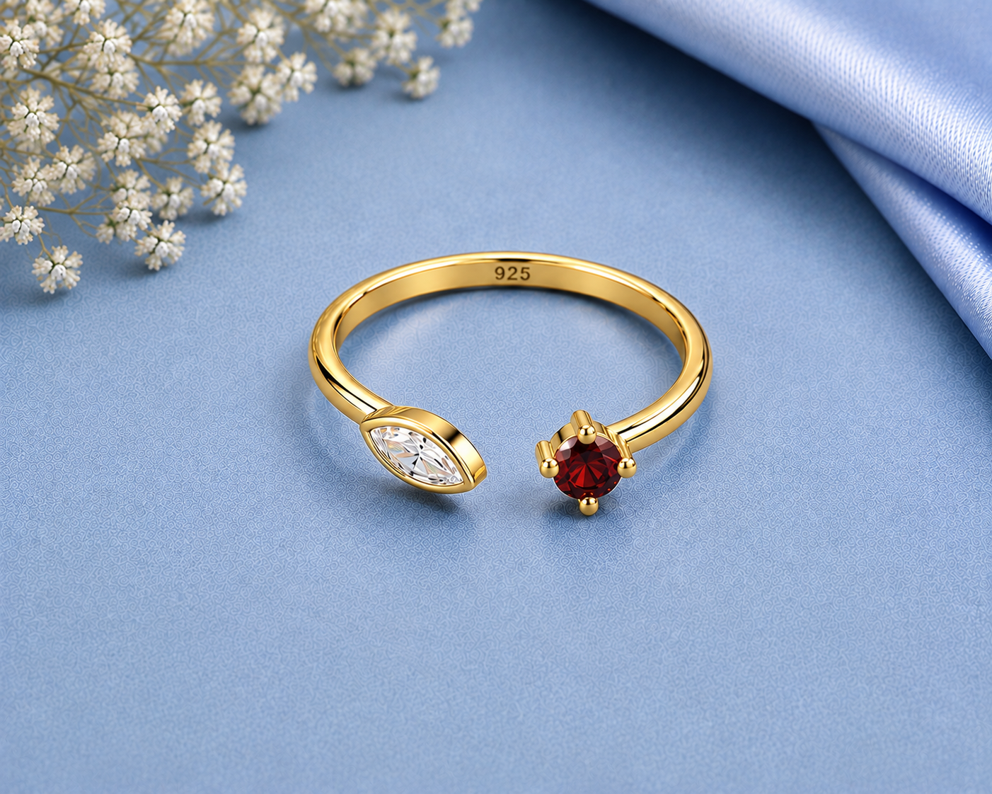 CZ Garnet Ring, 925 Sterling Silver Open Bypass Ring, Two Stone Ring