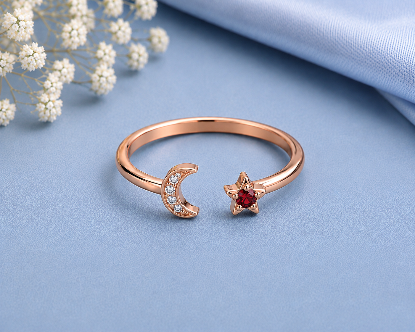 A rose gold open bangle ring featuring a crescent moon charm set with small clear stones and a five-pointed star charm set with a red gemstone, displayed on a textured light blue surface with dried white flowers in the corner.