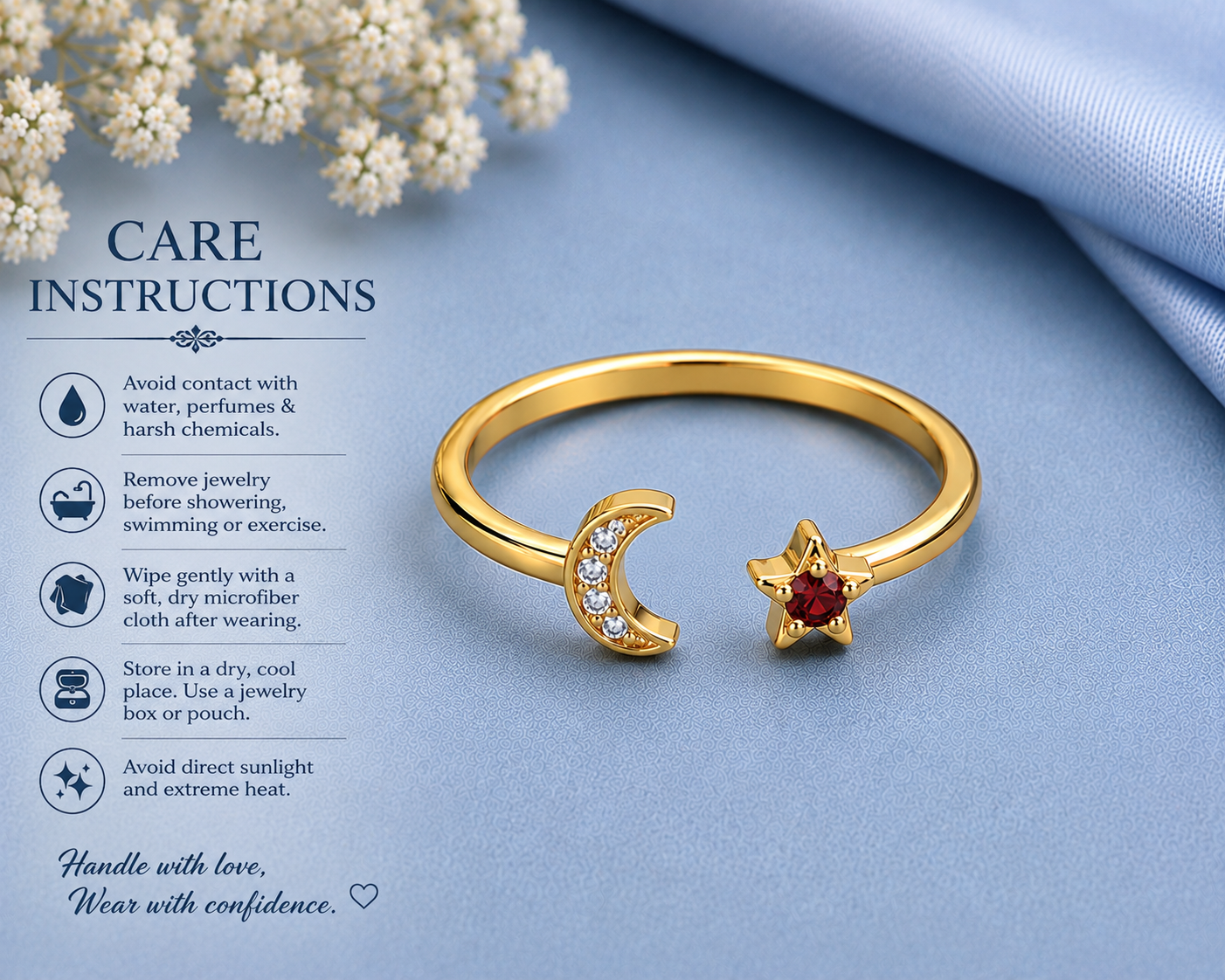 Gold adjustable ring with a crescent moon and star charm, one adorned with small clear stones and the other with a red gemstone, shown on a blue background with care instructions text.