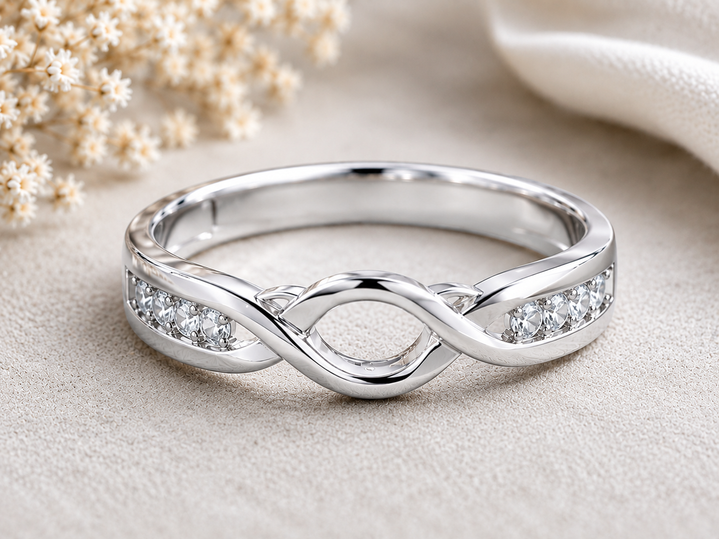 Moissanite Infinity Ring, 925 Sterling Silver Wedding Band