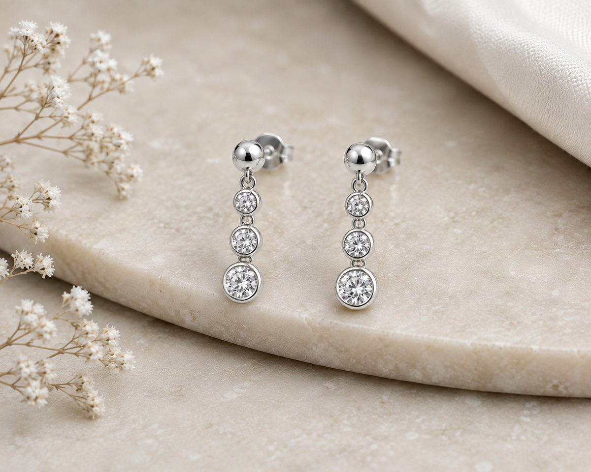 Moissanite Drop Earrings, 925 Sterling Silver Three Stone Dangles