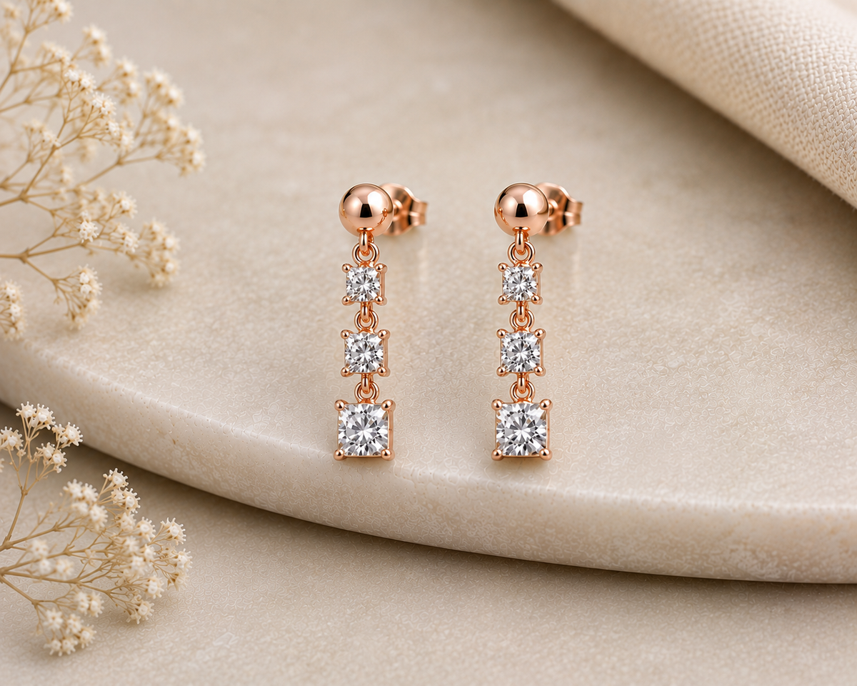Moissanite Drop Earrings, 925 Sterling Silver Square Three Stone Dangles