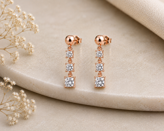 Moissanite Drop Earrings, 925 Sterling Silver Square Three Stone Dangles