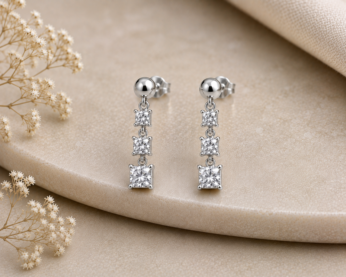 Moissanite Drop Earrings, 925 Sterling Silver Square Three Stone Dangles